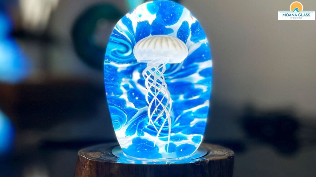 glass jellyfish, blown glass jellyfish, jellyfish glass sculpture, ocean inspired home decor, Moana Glass art